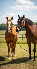 Two Horses Grazing Peacefully in a Green Meadow on a Sunny Day.