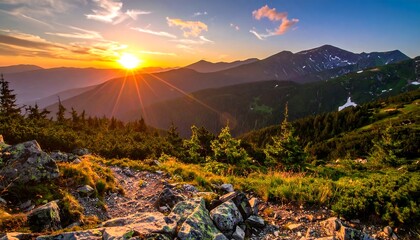 A beautiful scenic sunrise over mountains with lush green foliage