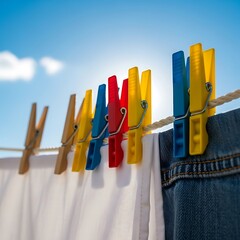 Colorful Clothespins on a Clothesline Drying Laundry in the Sun.