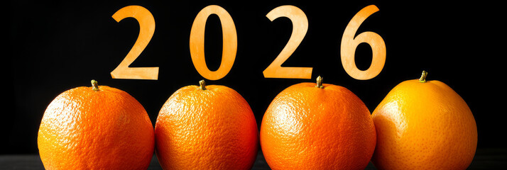 Happy new year 2026 - festive new year party background greeting card with text - Golden yellow fireworks in dark black night. The numbers are written in orange tangerines, banner