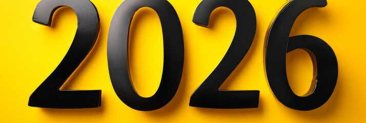 Happy new year 2026 - festive new year party background greeting card with text - Golden yellow fireworks in dark black night. The numbers are written on a yellow background, banner