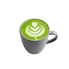 Minimalist matte grey ceramic cylindrical coffee mug filled with vibrant frothy green matcha latte and intricate white swirl latte art, against a transparent background with soft shadow, concept for