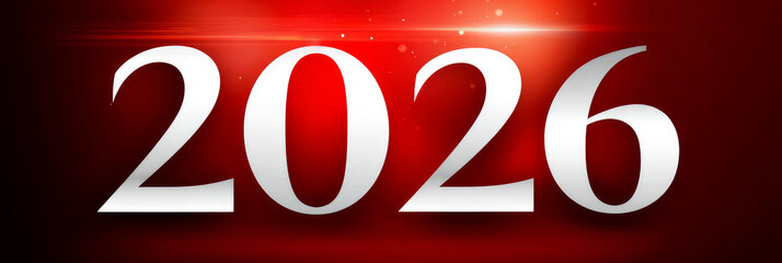 Happy new year 2026 - festive new year party background greeting card with text - Golden yellow fireworks in dark black night. The numbers are written on a red background, banner