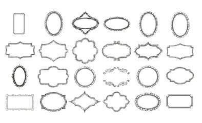 Collection of hand drawn vintage decorative frames and borders with ornate flourishes and swirls