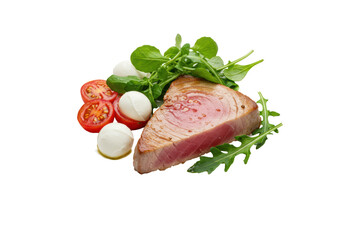Perfectly seared medium-rare tuna steak, glistening, with cherry tomatoes, mozzarella, arugula, watercress, on a white plate, flat lay, studio light, transparent background, high-end culinary concept
