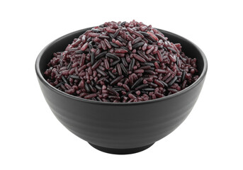 Fluffy, glistening dark purple-black Forbidden Rice in a smooth black bowl, isolated on a transparent background with copy space, concept of gourmet, healthy food presentation