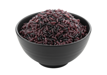 Fluffy, glistening dark purple-black Forbidden Rice in a smooth black bowl, isolated on a transparent background with copy space, concept of gourmet, healthy food presentation