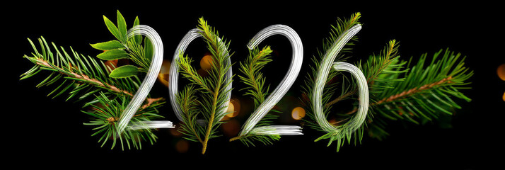 Happy new year 2026 - festive new year party background greeting card with text - Golden yellow fireworks in dark black night. The numbers are written in green fir tree, banner