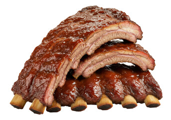 Stacked, glistening BBQ beef ribs with reddish-brown sauce and tender meat, against a transparent background with copy space, concept for premium barbecue advertising