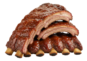 Stacked, glistening BBQ beef ribs with reddish-brown sauce and tender meat, against a transparent background with copy space, concept for premium barbecue advertising