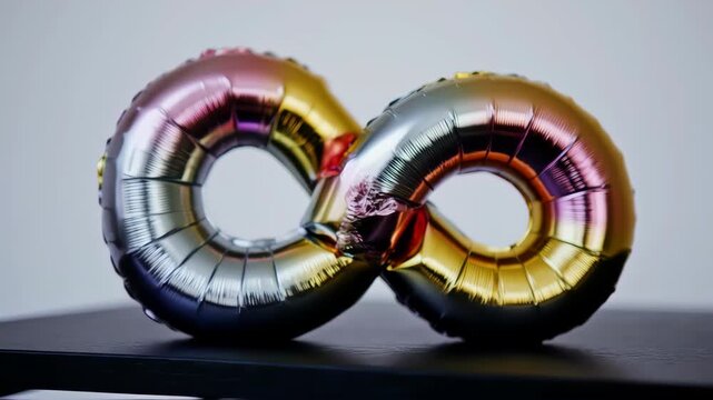 A shiny iridescent balloon in the shape of infinity on a dark surface