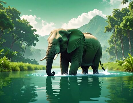 A majestic elephant stands in a serene body of water surrounded by lush greenery and distant mountains under a bright sky