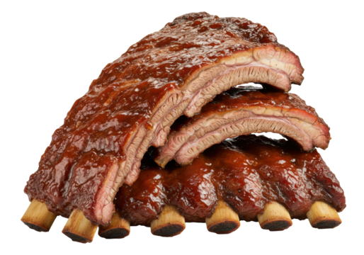Stacked, glistening BBQ beef ribs with reddish-brown sauce and tender meat, against a transparent background with copy space, concept for premium barbecue advertising