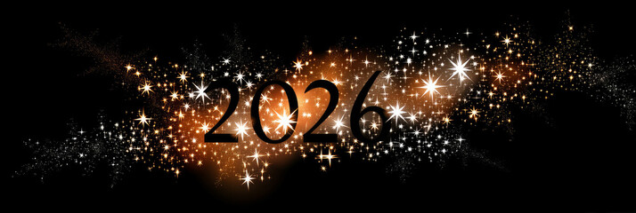 Happy new year 2026 - festive new year party background greeting card with text - Golden yellow fireworks in dark black night. The numbers are written in stars, banner