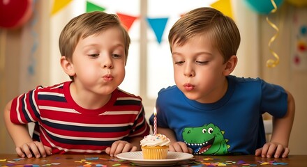 Twin Boys Celebrate Birthday Blowing Out Candle on Cupcake.