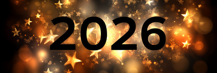 Happy new year 2026 - festive new year party background greeting card with text - Golden yellow fireworks in dark black night. The numbers are written in stars, banner
