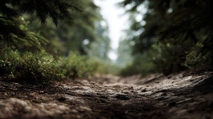 Fototapeta premium A dirt path winds through a serene forest inviting explo n into the natural wilderness under soft overhead light