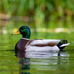 Obraz premium A close-up image captures a mallard duck floating serenely in calm, green-hued water. Lush greenery frames the scene, enhancing the tranquil nature