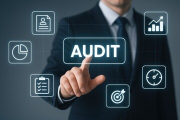 Business Professional Touching Audit Icon with Various Finance and Analytics Elements in Background
