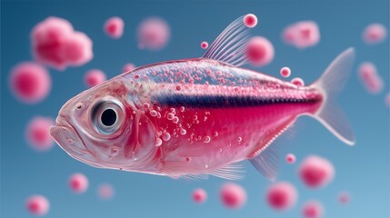 Pink translucent aquarium fish with floating bubble spheres on blue background.