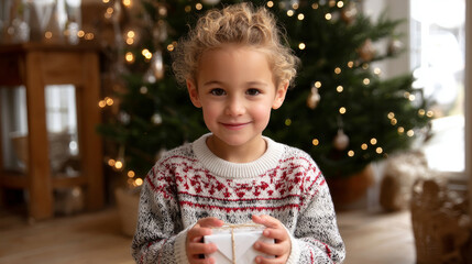 A cute little child in a warm sweater and pajamas decorates the Christmas tree in the living room. Merry Christmas and a Happy New Year! Warm and cozy holiday winter evening.