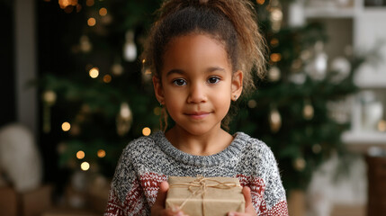 A cute little child in a warm sweater and pajamas decorates the Christmas tree in the living room. Merry Christmas and a Happy New Year! Warm and cozy holiday winter evening.