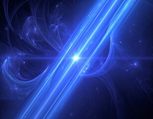 A luminous, abstract artwork featuring bright blue energy trails and nebulous wisps