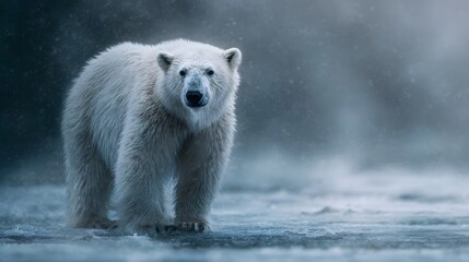 Fototapeta premium A majestic polar bear stands in a snowy atmospheric arctic landscape