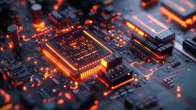 Close-up of a glowing circuit board with intricate details and vibrant orange light, symbolizing advanced technology and digital innovation.