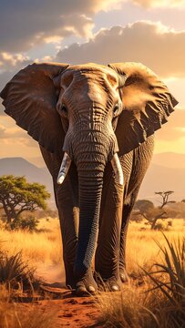 A majestic elephant strides forward in a vibrant savanna. Sunlight bathes its textured hide and massive tusks as it nears the camera