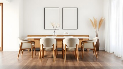 Modern dining room in minimalist style with marble table, beige chairs, sideboard, and two empty poster frames. Perfect for design mockups, interior visualization, web, print/