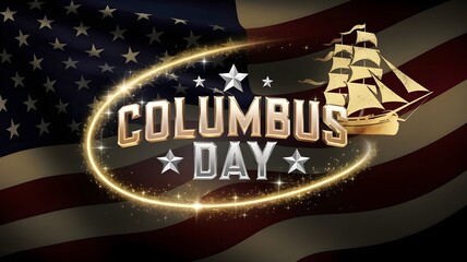 Cinematic Columbus Day 3D Gold and Silver Typography with Sailing Ship and American Flag Background