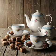 Elegant Tea Set with Chocolates on Rustic Wooden Table.