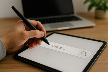 Person Holding Pen on Tablet While Searching for Information with Laptop in Background