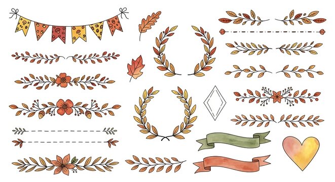 Watercolor Autumn Elements Collection - Wreaths, Banners, and Floral Dividers.