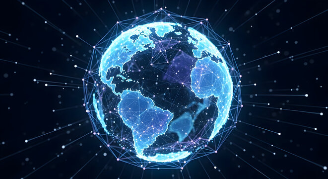 Digital earth hologram with glowing network connections, representing global communication and technology
