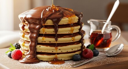 A stack of fluffy pancakes drenched in rich chocolate sauce, garnished with fresh berries and maple syrup.
