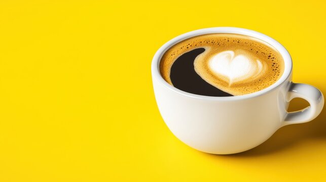 Latte Art Heart in Coffee Cup on Bright Yellow Background, Cheerful Morning Coffee, Cafe Style Beverage