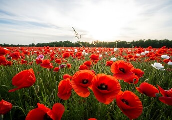Obraz premium Vibrant Poppy Field Under a Bright Sky - A Summer Landscape.