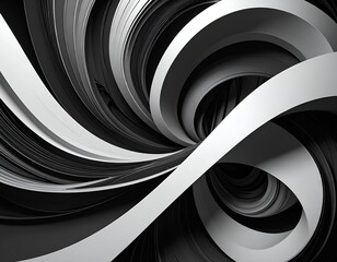 Abstract black and white looping ribbons form a swirling design in varying shades