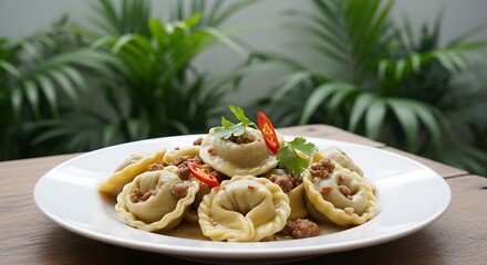Delicious Tortelloni Dish with Fresh Herbs and Chili Peppers.