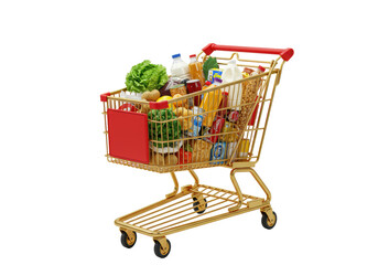 Gold-plated shopping cart with red accents, overflowing with diverse groceries: produce, milk, cereal, pasta, isolated on white background with copy space. Concept of modern consumerism and abundance