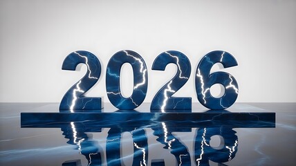 Year 2026 with lightning bolts and water reflection isolated on white background