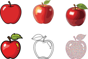 Vector apple illustration set, cartoon apple, realistic apple, dotted apple, line art apple, colorful fruit design, isolated on white background