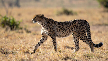 Naklejka premium A majestic cheetah gracefully walks across the African savanna in golden sunlight.