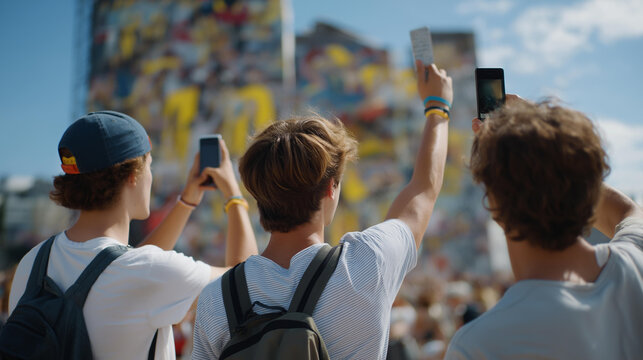 Street Art Admiration: A bottom up view of people photographing a mural with phones backpacks and colorful graffiti on tall city walls. three quarter wide angle cinematic color