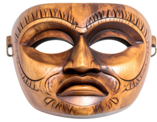 Handcrafted Wooden Mask with Intricately Carved Facial Features, Isolated on Transparent Background, PNG