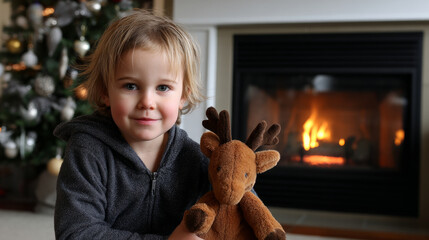 A cute little child in a warm sweater and pajamas decorates the Christmas tree in the living room. Merry Christmas and a Happy New Year! Warm and cozy holiday winter evening.