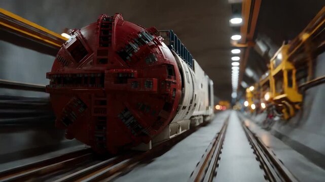 A detailed depiction of a tunnel boring machine navigating through the underground, showcasing its intricate machinery and design as it makes progress in tunneling infrastructure.