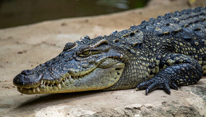 Fototapeta premium Close-up of a large crocodile resting on a rock in its natural habitat.